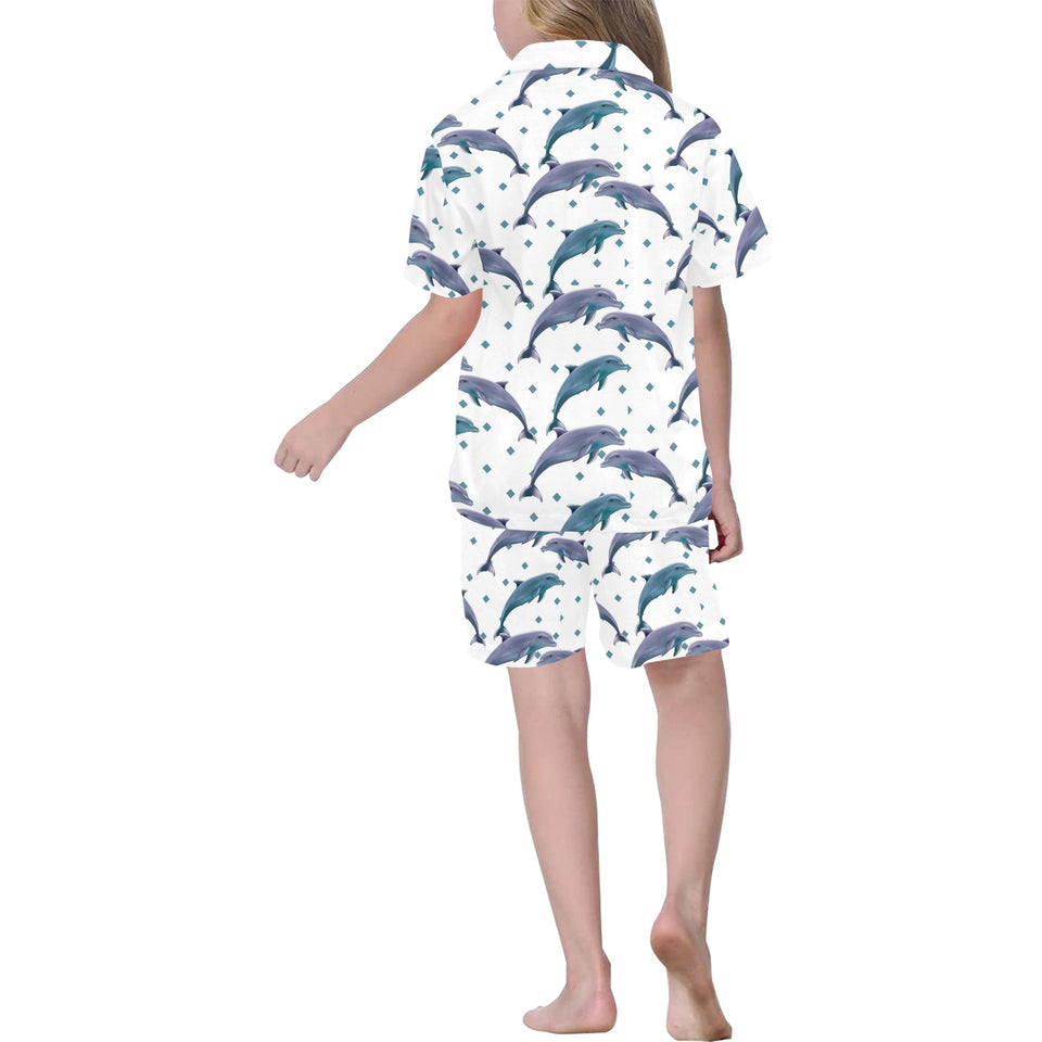 Dolphins pattern dotted background Kids' Boys' Girls' V-Neck Short Pajama Set