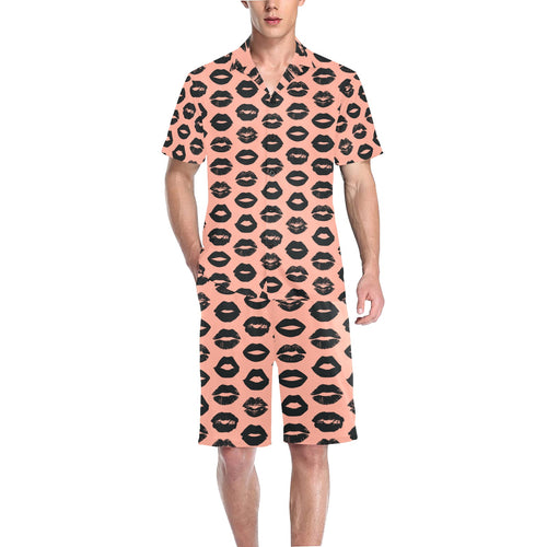 Lips Pattern Print Design 02 Men's V-Neck Short Pajama Set