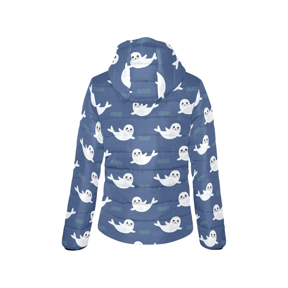 Cute white baby sea lion seal pattern Women's Padded Hooded Jacket