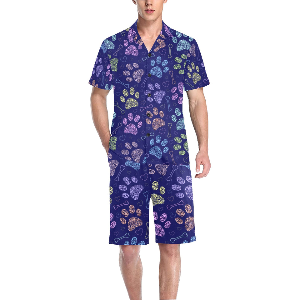 Dog Paws Pattern Print Design 02 Men's V-Neck Short Pajama Set