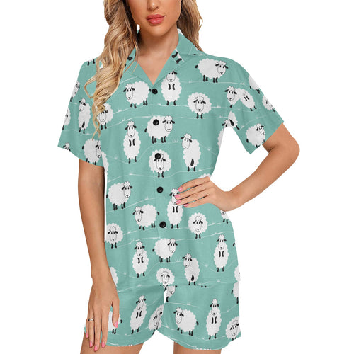 Cute sheep green background Women's V-Neck Short Pajama Set
