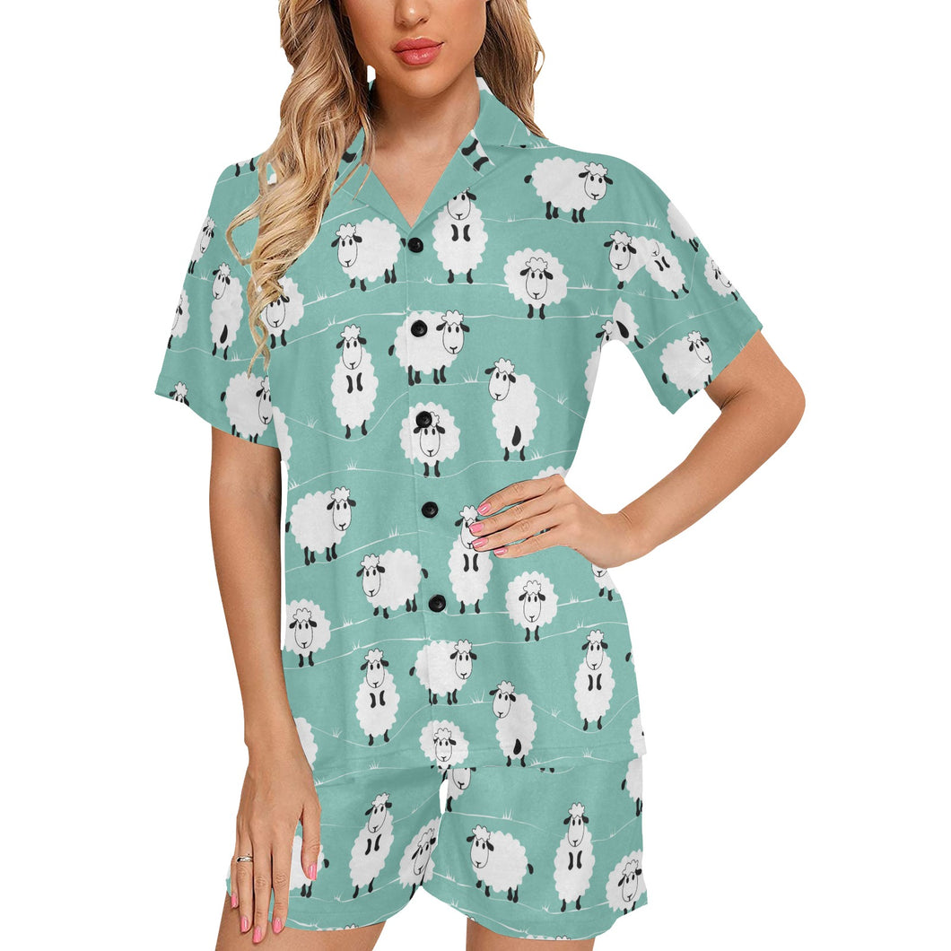Cute sheep green background Women's V-Neck Short Pajama Set