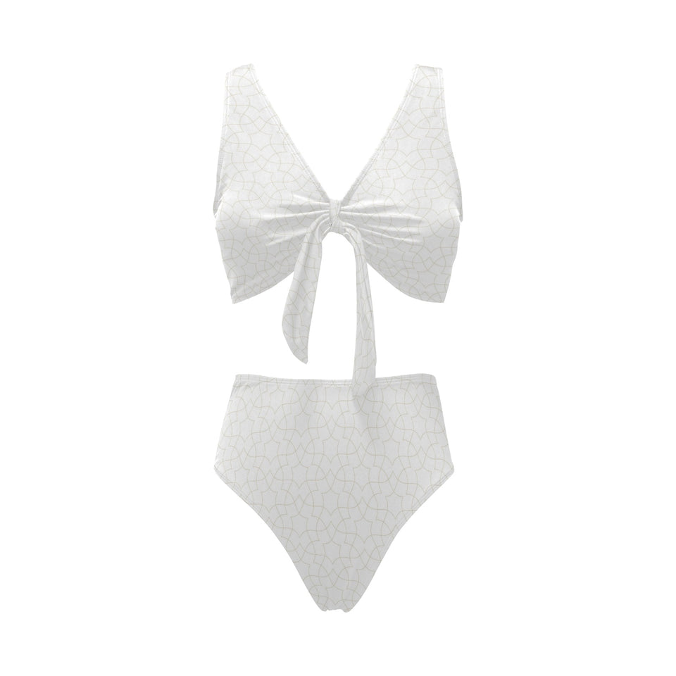 arabic white pattern Chest Bowknot High Waisted Bikini Swimsuit