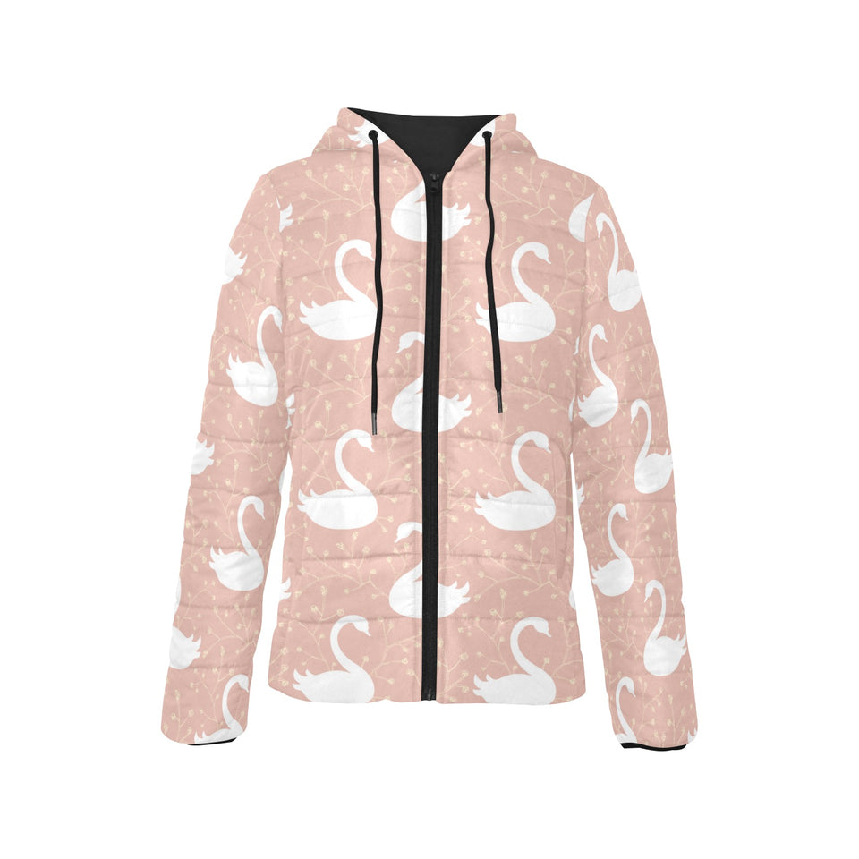 Swan flower light pink background Women's Padded Hooded Jacket