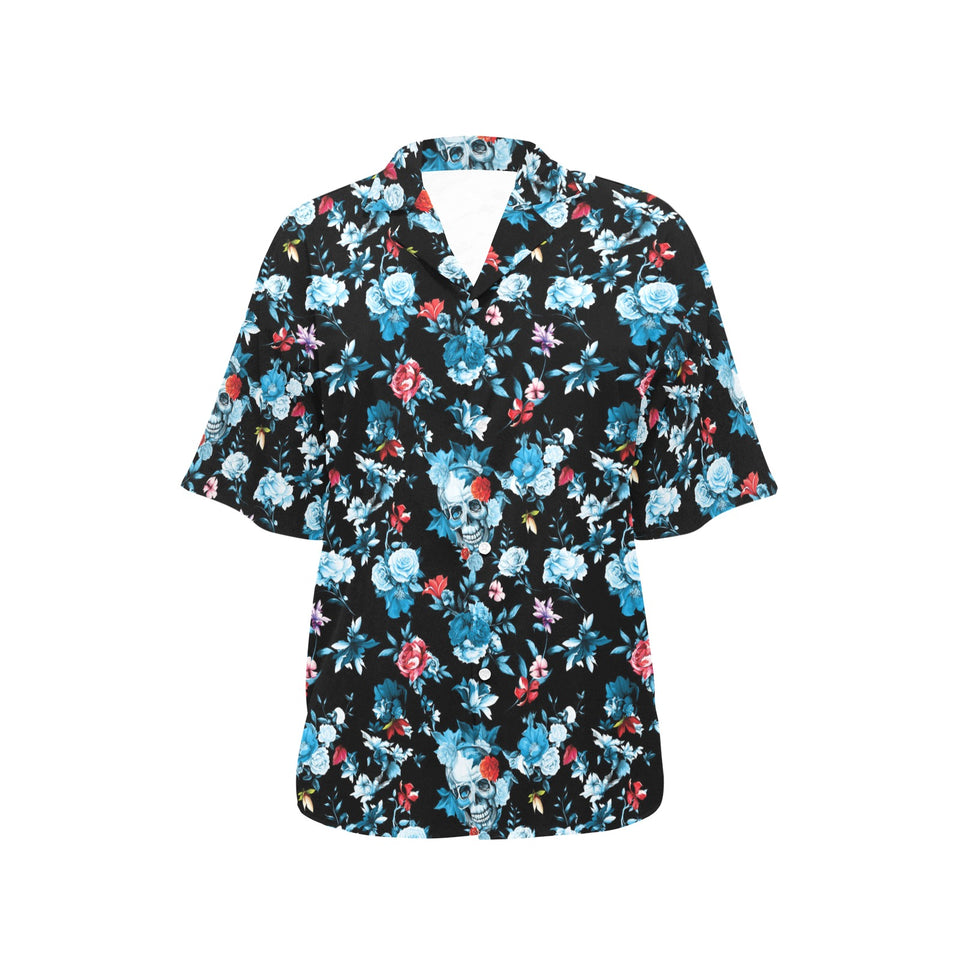 Skull flower roses leave pattern Women's All Over Print Hawaiian Shirt