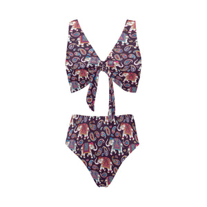 Elephant indian style ornament pattern Chest Bowknot High Waisted Bikini Swimsuit