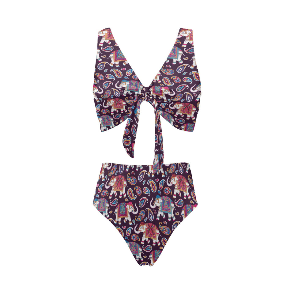 Elephant indian style ornament pattern Chest Bowknot High Waisted Bikini Swimsuit