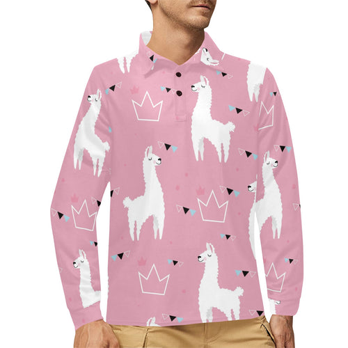 Llama Alpaca pink background Men's Long Sleeve Polo Shirt