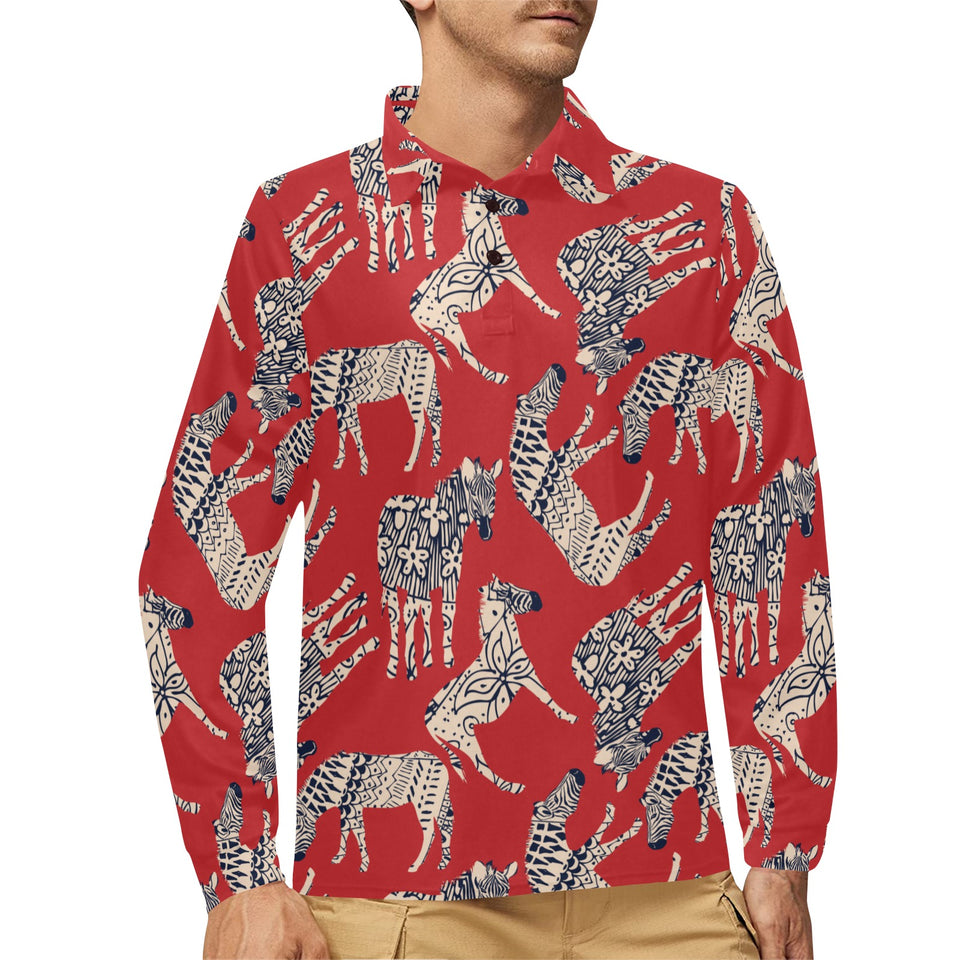 Zebra abstract red background Men's Long Sleeve Polo Shirt