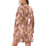 Pink sakura cherry blossom drak brown background Women's Long Sleeve Belted Night Robe