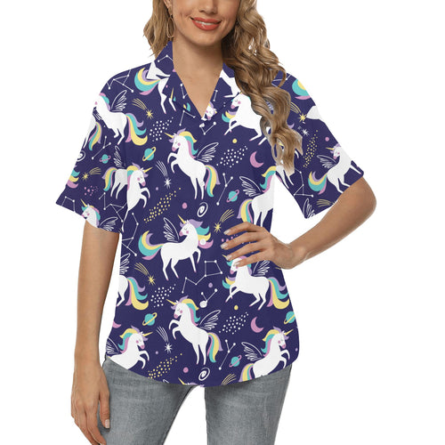 Hand drawn cute unicorn star planet Women's All Over Print Hawaiian Shirt