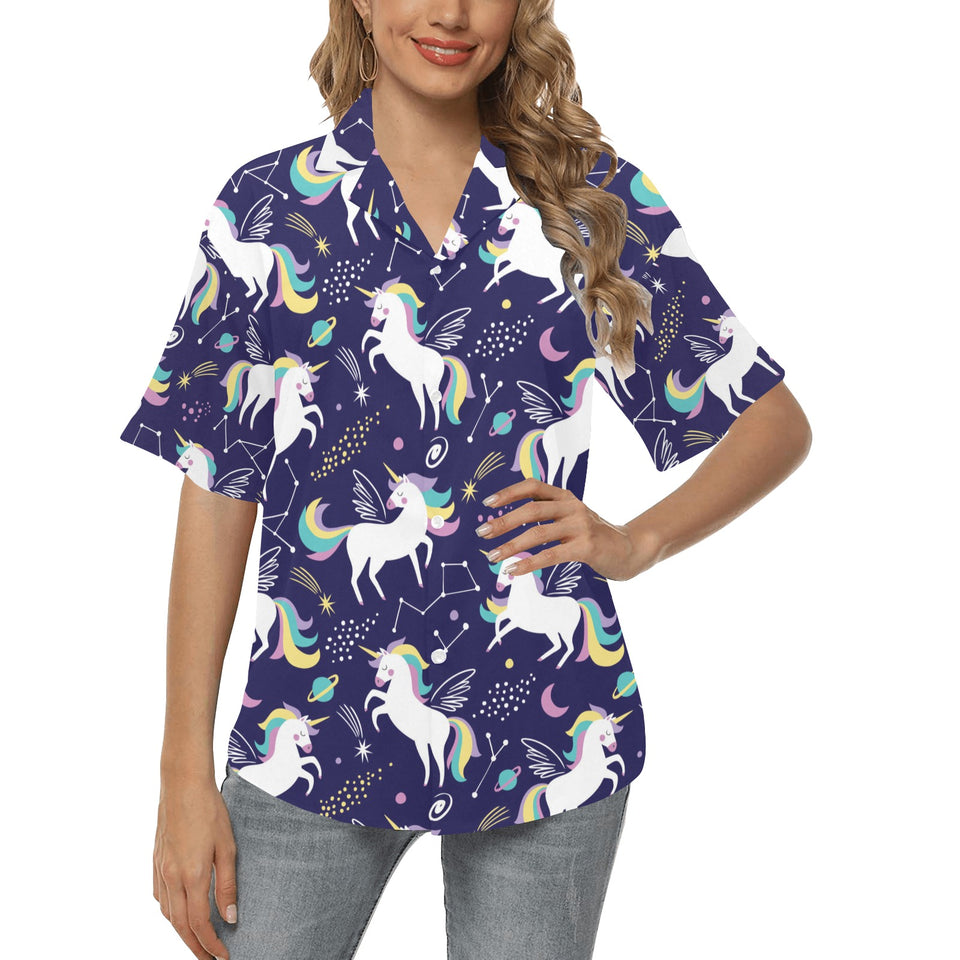 Hand drawn cute unicorn star planet Women's All Over Print Hawaiian Shirt