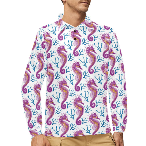 Purple seahorse blue coral pattern Men's Long Sleeve Polo Shirt