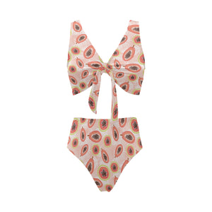 papaya leaves pattern Chest Bowknot High Waisted Bikini Swimsuit
