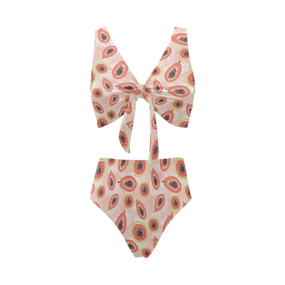 papaya leaves pattern Chest Bowknot High Waisted Bikini Swimsuit