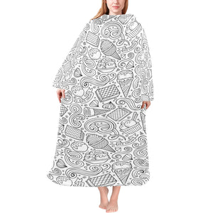 Cartoon hand drawn ice cream black white Blanket Robe with Sleeves