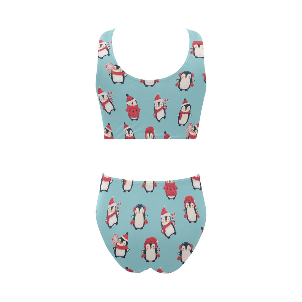 Cute penguin christmas design pattern Chest Bowknot High Waisted Bikini Swimsuit