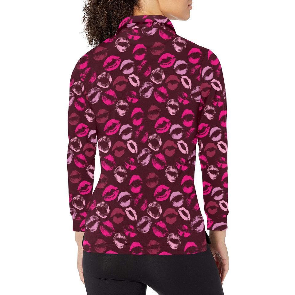 Lips Pattern Print Design 03 Women's Long Sleeve Polo Shirt