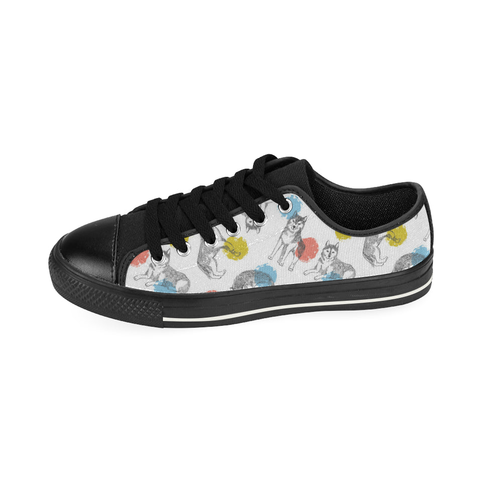 Siberian husky and colorful circle pattern Men's Low Top Canvas Shoes Black