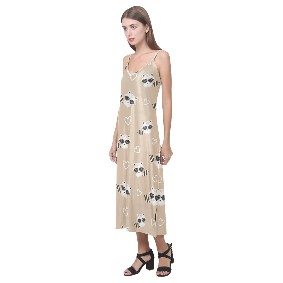 Cute raccoon heart pattern V-Neck Open Fork Long Dress