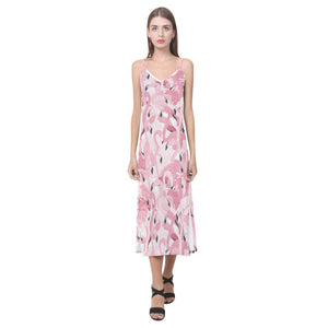 Pink flamingos pattern background V-Neck Open Fork Long Dress