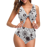 Classic vintage clock pattern Chest Bowknot High Waisted Bikini Swimsuit
