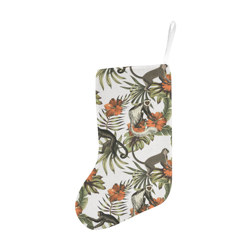 Monkey red hibiscus flower palm leaves floral patt Christmas Stocking