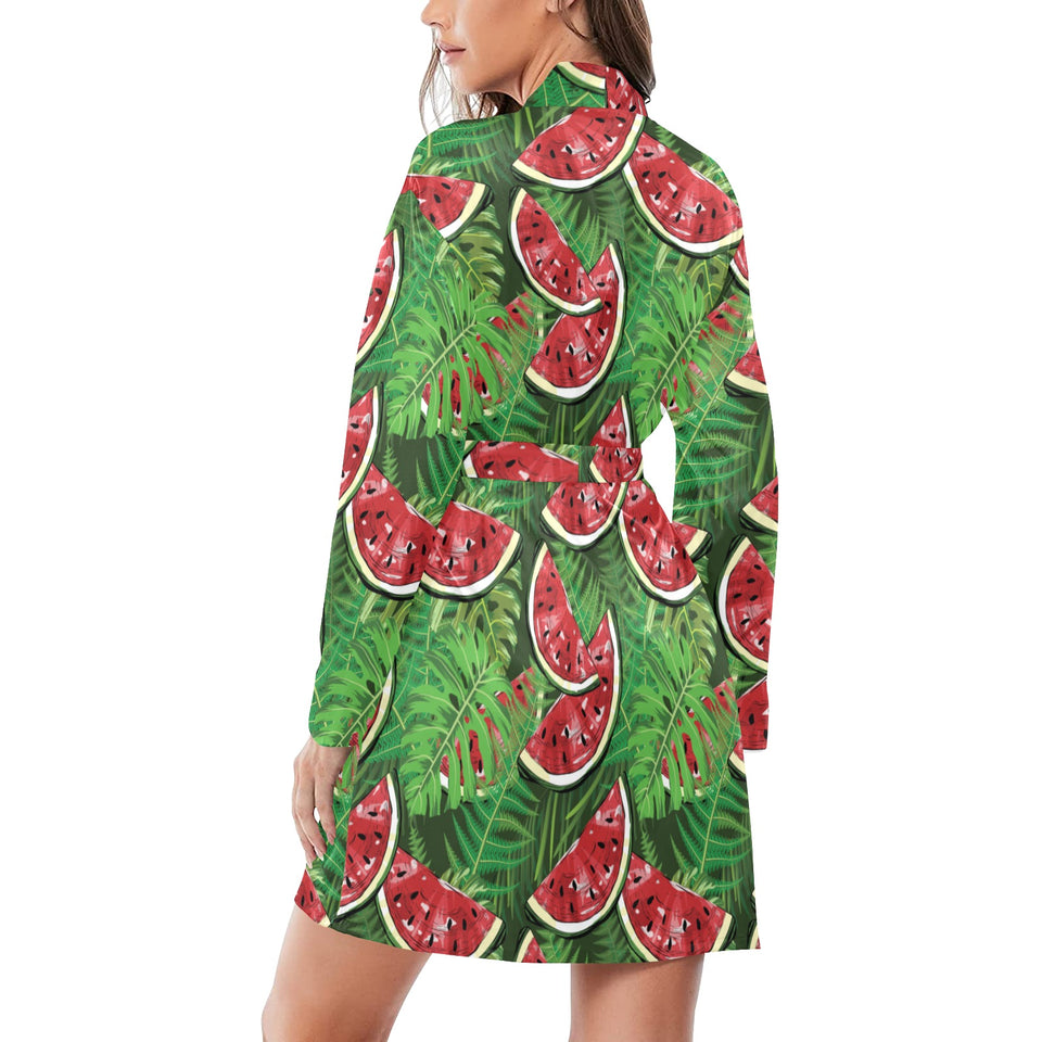 Watermelons tropical palm leaves pattern backgroun Women's Long Sleeve Belted Night Robe