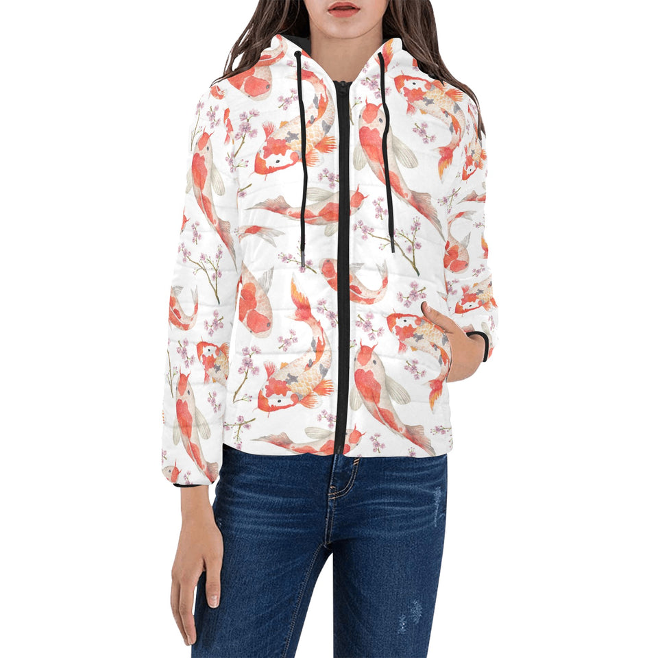Watercolor Koi Fish Carp Fish pattern Women's Padded Hooded Jacket