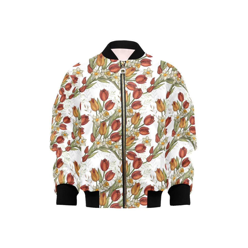 Red tulips and daffodils pattern Kids' Boys' Girls' Bomber Jacket