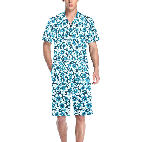 Hibiscus Pattern Print Design 04 Men's V-Neck Short Pajama Set
