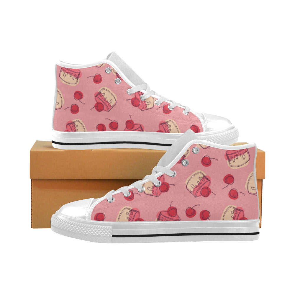 Cake cherry pattern Men's High Top Canvas Shoes White