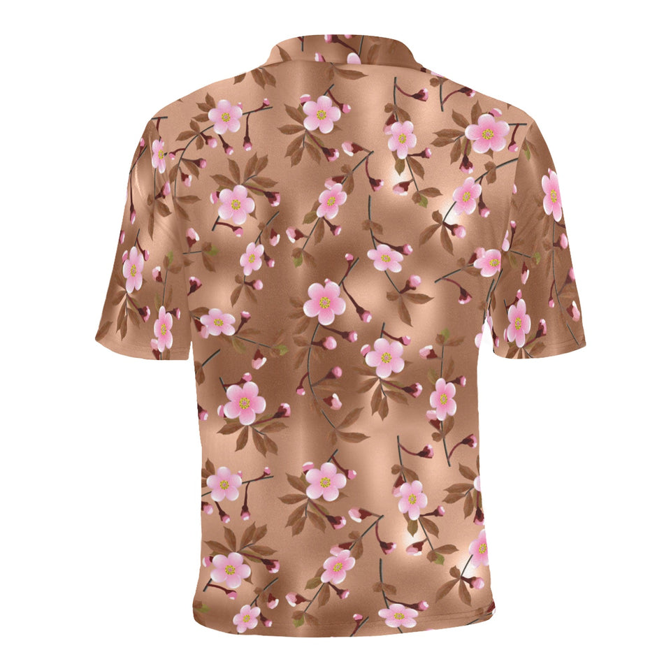 Pink sakura cherry blossom drak brown background Men's All Over Print Polo Shirt