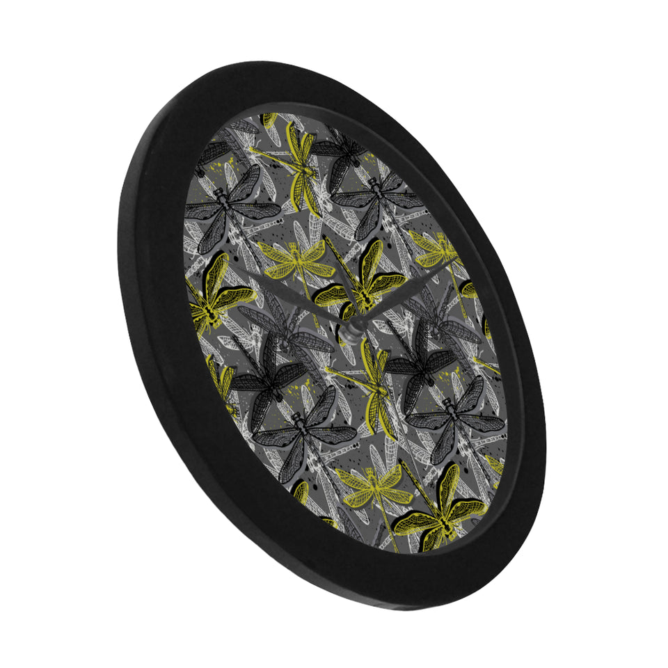 Hand drawn dragonfly pattern Elegant Black Wall Clock
