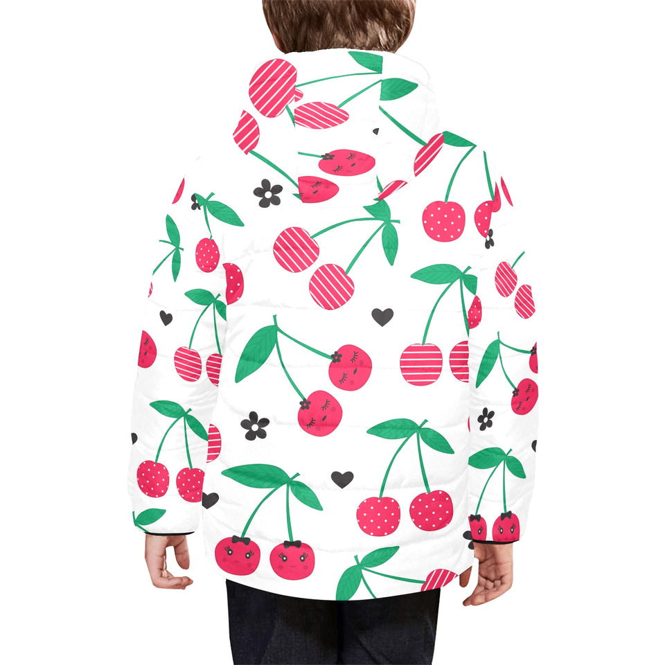 cherry pattern white background Kids' Boys' Girls' Padded Hooded Jacket