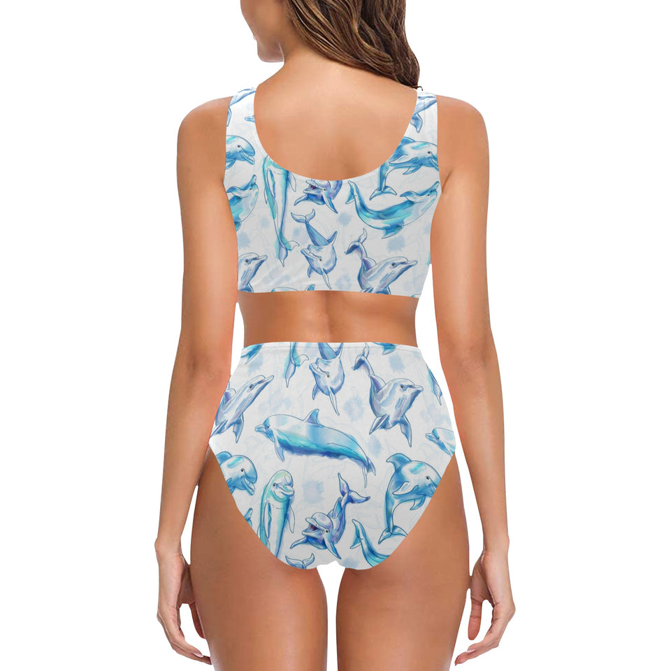 Watercolor dolphin pattern Chest Bowknot High Waisted Bikini Swimsuit