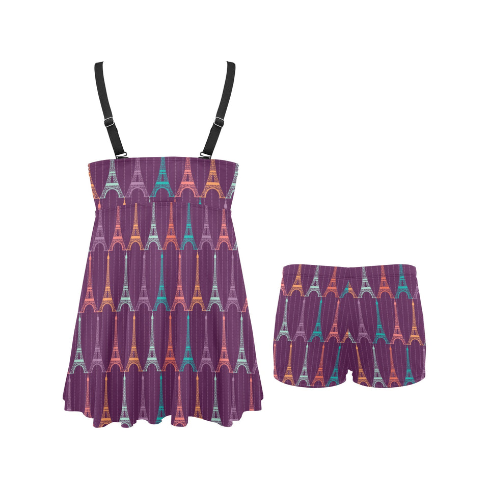Eiffel Tower Pattern Print Design 05 Chest Sexy Pleated Two Piece Swim Dress