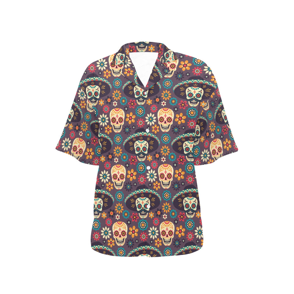 Sugar skulls flower maxican pattern Women's All Over Print Hawaiian Shirt