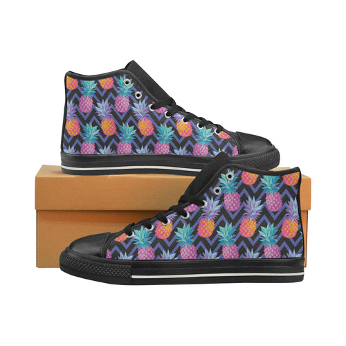 Pineapples pattern zigzag background Women's High Top Canvas Shoes Black