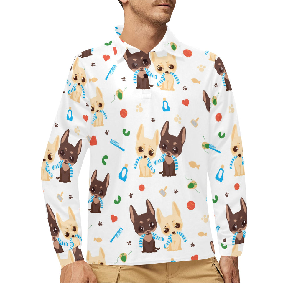 Cute Chihuahua dog pattern Men's Long Sleeve Polo Shirt