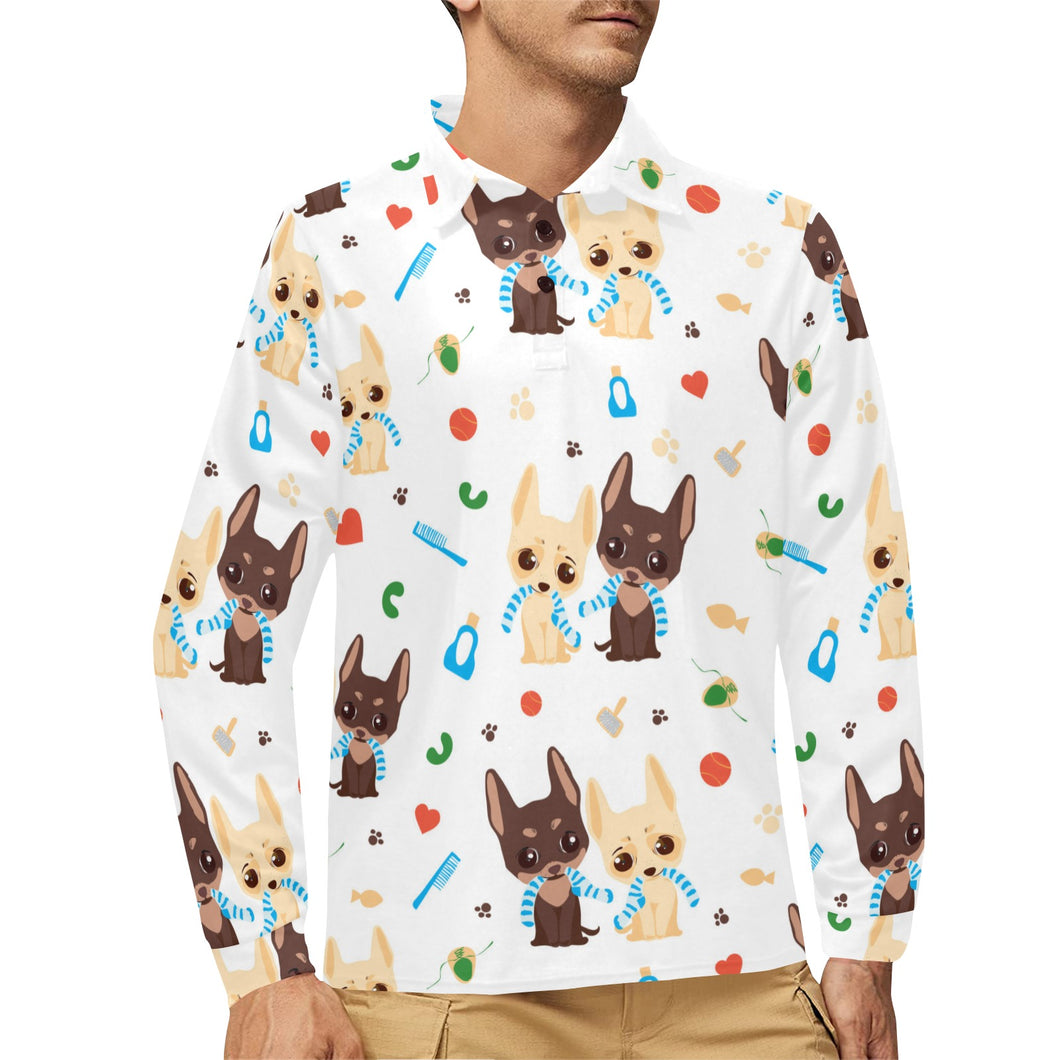 Cute Chihuahua dog pattern Men's Long Sleeve Polo Shirt