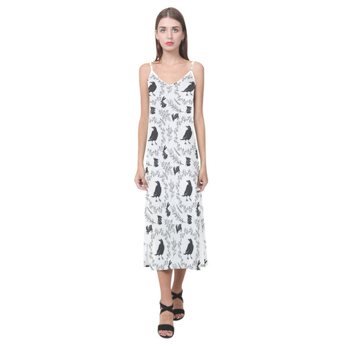 Crows floral wreath rabbit pattern V-Neck Open Fork Long Dress