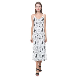Crows floral wreath rabbit pattern V-Neck Open Fork Long Dress