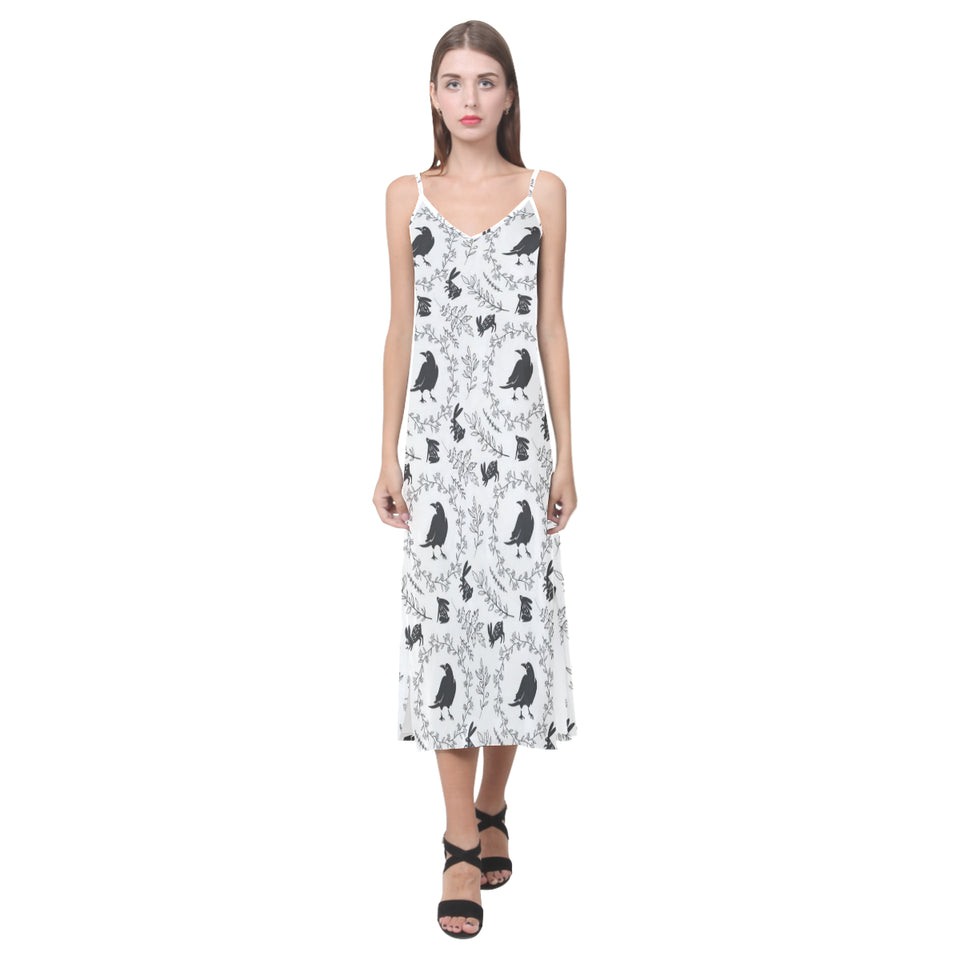 Crows floral wreath rabbit pattern V-Neck Open Fork Long Dress