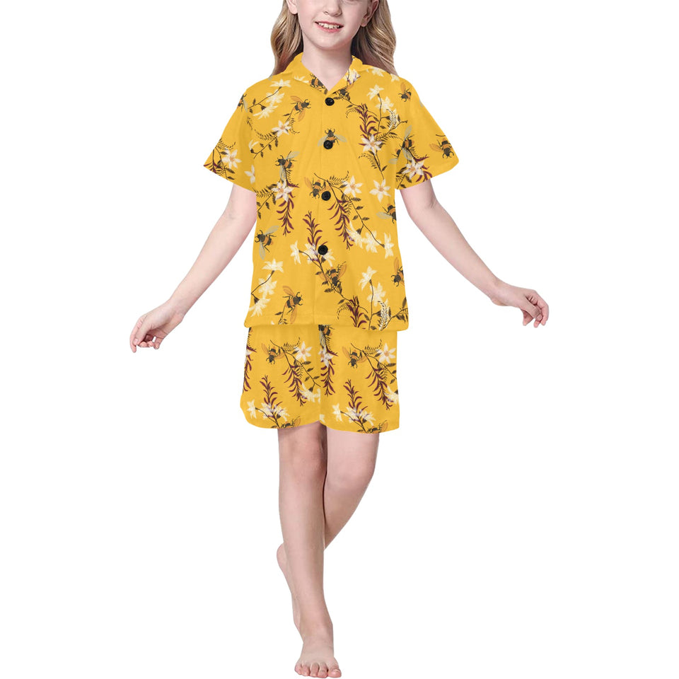 Bee flower pattern Kids' Boys' Girls' V-Neck Short Pajama Set