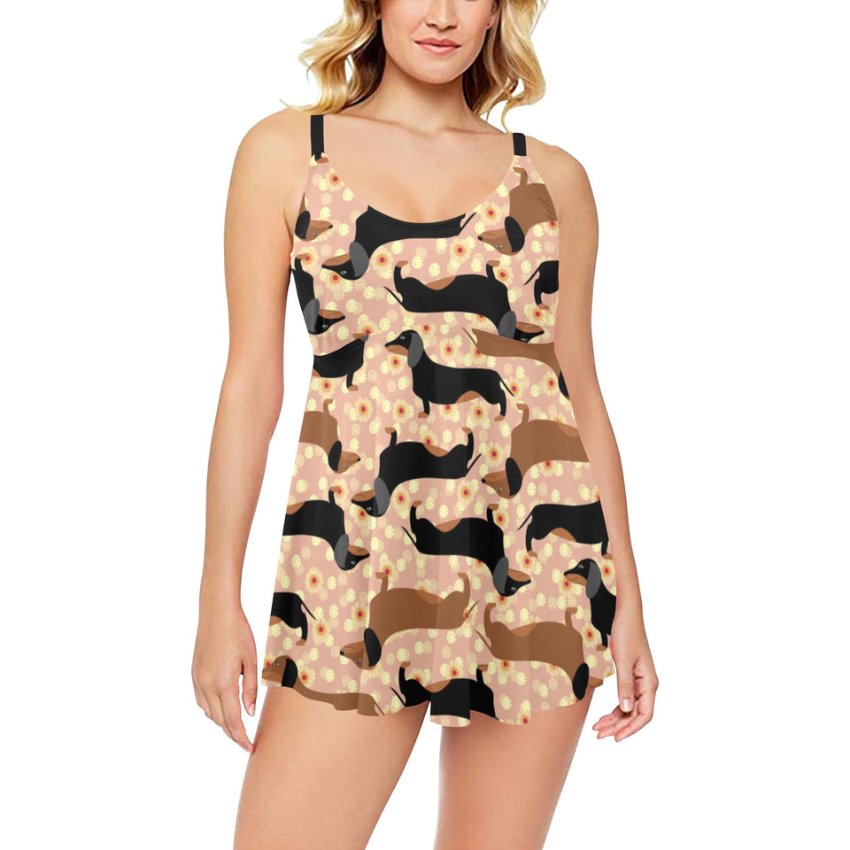 Dachshund floral background Chest Sexy Pleated Two Piece Swim Dress