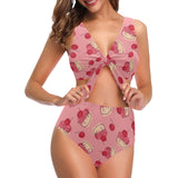 Cake cherry pattern Chest Bowknot High Waisted Bikini Swimsuit