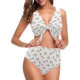Jack Russel Pattern Print Design 04 Chest Bowknot High Waisted Bikini Swimsuit
