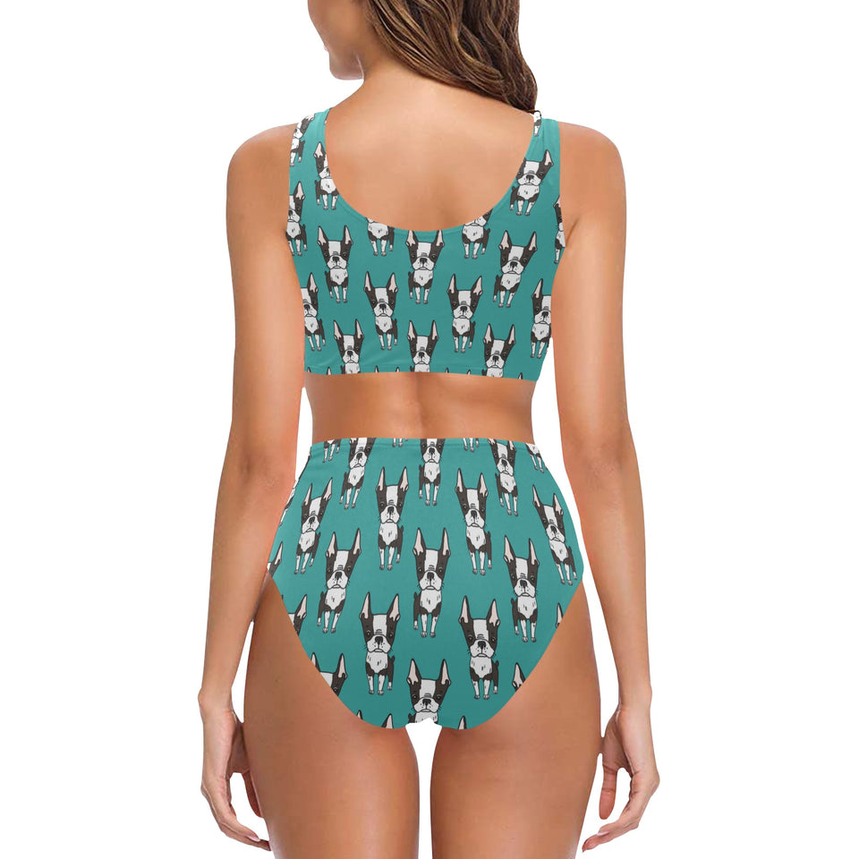 Hand drawn boston terrier dog pattern Chest Bowknot High Waisted Bikini Swimsuit