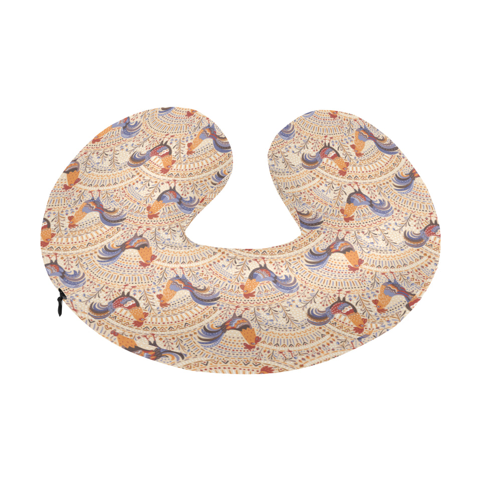 Cute rooster chicken cock floral ornament backgrou U-Shaped Travel Neck Pillow